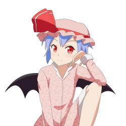 Rule 34 | 1girl, alternate costume, bat wings, blue hair, cato (monocatienus), commentary request, elbow on knee, fang, fang out, hand on own face, hat, hat ribbon, heart, heart print, knee up, long sleeves, looking at viewer, mob cap, pajamas, pink hat, pink pajamas, red eyes, remilia scarlet, ribbon, short hair, shorts, simple background, sitting, smile, solo, touhou, white background, white shorts, wings