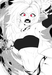 Rule 34 | 1girl, android 21, arabian clothes, bare shoulders, breasts, dragon ball, dragon ball fighterz, dragonball z, ears, fangs, fighting stance, foreshortening, highres, incoming attack, incoming punch, jewelry, looking at viewer, majin android 21, muscular, muscular female, navel, necklace, open mouth, pointy ears, punching, red eyes, rock, serious, zequung, zquung