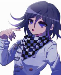 Rule 34 | 1boy, buttons, checkered clothes, checkered neckwear, checkered scarf, commentary request, danganronpa (series), danganronpa v3: killing harmony, double-breasted, grey jacket, hair between eyes, hand up, jacket, long sleeves, looking at viewer, male focus, open mouth, oma kokichi, pink hair, sasakama (sasagaki01), scarf, simple background, solo, teeth, upper body