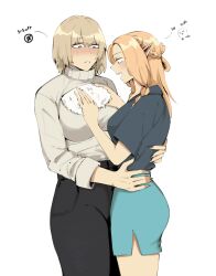 Rule 34 | 2girls, absurdres, black pants, blonde hair, blue shirt, blue skirt, blush, braid, braided sidelock, cleavage cutout, clothing cutout, commentary, cowboy shot, dungeon meshi, english commentary, english text, evaleen d, falin touden, falin touden (tallman), feathers, hands on another&#039;s chest, hands on another&#039;s waist, highres, long hair, long sleeves, looking at another, marcille donato, medium hair, meme attire, multiple girls, open-chest sweater, pants, pencil skirt, shirt, shirt tucked in, side slit, simple background, skirt, standing, sweater, talking, turtleneck, turtleneck sweater, white background, white feathers, white sweater, yuri