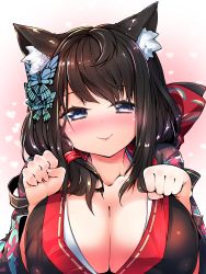 Rule 34 | 1girl, :&gt;, animal ears, azur lane, black hair, blue eyes, blush, breasts, butterfly hair ornament, cat ears, cleavage, fusou (azur lane), hair ornament, heart, heart background, highres, japanese clothes, large breasts, long hair, looking at viewer, paw pose, shirasagi rokuwa, smile, solo