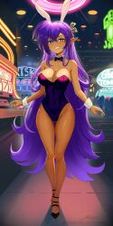 Rule 34 | 1girl, alternate costume, arms at sides, bare arms, bare shoulders, blue eyes, blush, breasts, casino, cleavage, dark-skinned female, dark skin, detached collar, full body, grin, half-closed eyes, highres, indoors, large breasts, leotard, long hair, looking at viewer, mole, mole under eye, pantyhose, playboy bunny, pointy ears, purple hair, rabbit ears, revenantart, shadow, shantae, shantae (series), smile, solo, standing, strapless, strapless leotard, very long hair, wrist cuffs