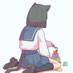 Rule 34 | 1girl, absurdres, animal ears, black footwear, black hair, black socks, black tail, blue sailor collar, blue skirt, blunt ends, cat ears, cat girl, cat tail, clothing cutout, commentary, english commentary, engrish commentary, facing away, figure, full body, high-waist skirt, highres, kneehighs, loafers, long sleeves, mixed-language commentary, norikoi, original, pinstripe pattern, pinstripe skirt, pleated skirt, sailor collar, school uniform, serafuku, shirt, shirt tucked in, shoes, short hair, simple background, sitting, skirt, socks, solo, striped clothes, striped skirt, tail, tail through clothes, toy block, vertical-striped clothes, vertical-striped skirt, wariza, white background, white shirt