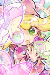 Rule 34 | 1girl, amitie (puyopuyo), blonde hair, bug, butterfly, commentary, doradorakingyo, fingernails, glowing butterfly, green eyes, highres, insect, looking at viewer, nail polish, open mouth, pink bag, pink headwear, pink nails, pink shirt, purple footwear, puyopuyo, puyopuyo fever, shirt, short hair, solo, sparkle, symbol-only commentary, twitter username, vial