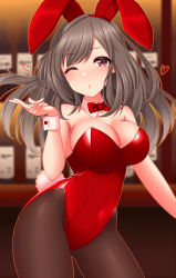Rule 34 | 1girl, animal ears, black pantyhose, blowing kiss, blurry, bow, bowtie, breasts, brown eyes, brown hair, commentary request, counter, cowboy shot, depth of field, detached collar, fake animal ears, highres, idolmaster, idolmaster shiny colors, large breasts, leotard, long hair, looking at viewer, one eye closed, pantyhose, playboy bunny, rabbit ears, rabbit tail, red bow, red bowtie, red leotard, shelf, solo, strapless, strapless leotard, tail, tsukioka kogane, wrist cuffs, yoiyami mutsuki