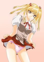 Rule 34 | 00s, 1girl, blonde hair, blouse, bow, bow panties, brown eyes, clothes lift, hair ribbon, lace, lace-trimmed panties, lace trim, miniskirt, panties, pleated skirt, purple panties, ribbon, sawachika eri, school rumble, shirt, skirt, skirt lift, solo, standing, striped clothes, striped panties, twintails, underwear, vest