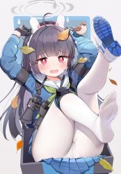 Rule 34 | 1girl, absurdres, ahoge, armband, black gloves, black hair, blue archive, blue skirt, blunt bangs, blush, bolt action, bow, bright pupils, dirty, dirty clothes, embarrassed, flat chest, gloves, green neckerchief, gun, halo, headgear, heart, highres, in container, jehyun, knee pads, leaf, leaf on head, long hair, miniskirt, miyu (blue archive), mosin-nagant, neckerchief, panties, panties under pantyhose, pantyhose, pleated skirt, red eyes, rifle, sailor collar, school uniform, serafuku, sidelocks, simple background, single knee pad, skirt, solo, spoken heart, thighs, trash can, twig, underwear, weapon, white background, white panties, white pantyhose, white pupils, white sailor collar
