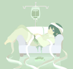 Rule 34 | 1boy, aojiru (yume 2kki), bad id, bad pixiv id, bandages, couch, expressionless, green eyes, green hair, hand on own stomach, intravenous drip, lito (24281122), looking at viewer, lying, male focus, matching hair/eyes, pajamas, solo, yume 2kki