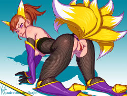 Rule 34 | 00s, 1girl, all fours, anal tail, anus, ass, breasts, brown hair, butt plug, cosplay, crotch cutout, digimon, digimon tamers, fake tail, fishnet pantyhose, fishnets, hanging breasts, kajin (kajinman), looking at viewer, makino ruki, multiple tails, nipples, pantyhose, pussy, sakuyamon, sakuyamon (cosplay), sex toy, solo, tail, uncensored