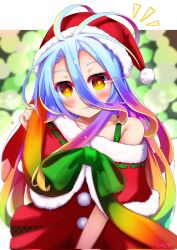 Rule 34 | 1girl, :3, alternate costume, armpit crease, blonde hair, blue hair, blush, bow, capelet, christmas, closed mouth, commentary request, dress, eyelashes, fur-trimmed capelet, fur trim, fusen haru, gradient hair, green bow, green hair, hair between eyes, hand up, hat, highres, long hair, messy hair, multicolored hair, no game no life, notice lines, pom pom (clothes), purple hair, ringed eyes, santa capelet, santa costume, santa dress, santa hat, shiro (no game no life), signature, simple background, single bare shoulder, smile, solo, very long hair, yellow eyes