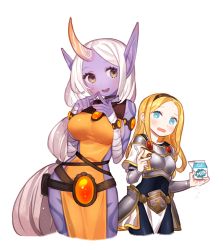 Rule 34 | 2girls, :3, armor, blonde hair, blue eyes, blue skin, blush, bodysuit, breast envy, breasts, brooch, colored skin, food, gwayo, headband, horns, jewelry, large breasts, league of legends, long hair, lots of jewelry, lux (league of legends), milk carton, multiple girls, naked tabard, pointy ears, pudding, sideboob, silver hair, single horn, soraka (league of legends), tabard, very long hair, yellow eyes