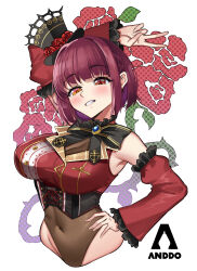 Rule 34 | 1girl, absurdres, arm behind head, blush, bob cut, breasts, cleavage, detached sleeves, grin, hand on own hip, hat, heterochromia, highres, hololive, houshou marine, houshou marine (gothic lolita), i am anddo, large breasts, leotard, navel, official alternate costume, orange eyes, purple hair, red eyes, see-through, see-through cleavage, short hair, simple background, smile, solo, top hat, virtual youtuber, white background