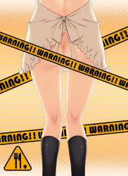 Rule 34 | 1girl, apron, ass, black socks, caution tape, censored, from behind, head out of frame, kneehighs, kneepits, naked apron, novelty censor, ren san, socks, solo, working!!