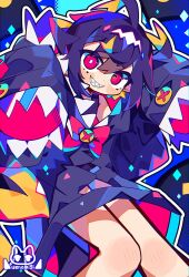 Rule 34 | 1girl, ahoge, animal costume, artist logo, artist name, bow, bowtie, bright pupils, constricted pupils, hair between eyes, halftone, halftone background, highres, knees together feet apart, neon palette, original, psychedelic, purple hair, red bow, red bowtie, red eyes, sanpaku, shark costume, sharp teeth, short hair, sleeves past fingers, sleeves past wrists, solo, sparkle, teeth, uenomigi, white pupils