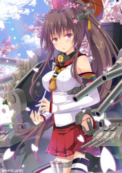 Rule 34 | 10s, 1girl, bare shoulders, breasts, brown hair, cherry blossoms, detached sleeves, hair ornament, kantai collection, large breasts, long hair, looking at viewer, oil-paper umbrella, ponytail, red eyes, skirt, solo, takanashi haruto, umbrella, very long hair, yamato (kancolle)