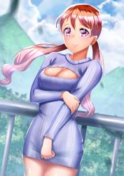 Rule 34 | 1girl, absurdres, bare legs, blurry, blurry background, breasts, brown hair, cleavage, cleavage cutout, closed mouth, clothing cutout, cloud, curecycadura, day, dress, floating hair, grey sweater, highres, kirakira precure a la mode, long hair, low twintails, medium breasts, meme attire, open-chest sweater, outdoors, precure, red eyes, ribbed sweater, shiny skin, smile, solo, sweater, sweater dress, twintails, usami ichika, very long hair