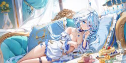 Rule 34 | 1girl, absurdres, alternate costume, bare shoulders, belt, blue choker, blue eyes, blue hair, blush, breasts, choker, cleavage, collarbone, couch, cowlick, feet out of frame, floor lamp, flower, food, frilled choker, frilled shirt, frills, furina (genshin impact), genshin impact, hair between eyes, highres, houkisei, indoors, jewelry, light blue hair, light particles, long hair, looking at viewer, lying, medium breasts, multicolored hair, necklace, on couch, on side, pancake, parted lips, partially undressed, rose, shirt, solo, streaked hair, table, thigh belt, thigh strap, thighs, very long hair, wavy hair, white hair, white shirt, yellow flower, yellow rose