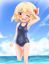 Rule 34 | 1girl, ;d, arm up, armpits, blonde hair, blush, cloud, covered navel, day, fang, highres, koji (kohei66), light rays, one-piece swimsuit, one eye closed, open mouth, red eyes, ribbon, rumia, school swimsuit, shading eyes, short hair, skindentation, sky, smile, solo, standing, standing on one leg, sunbeam, sunlight, swimsuit, touhou, wading, water, wet, wink