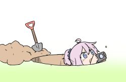 Rule 34 | 1girl, ahoge, aoba (kancolle), blue eyes, camera, cheno (amakuchi mustard), commentary, gradient background, hiding, highres, hole, kantai collection, messy hair, open mouth, ponytail, purple hair, scrunchie, short hair, shovel, soil, solo, upper body