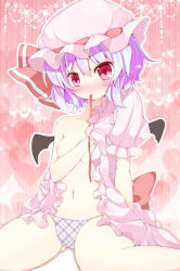 Rule 34 | 1girl, bat wings, blush, breasts, female focus, hat, hat ribbon, heart, mouth hold, no bra, open clothes, outline, panties, panties only, plaid, plaid panties, purple hair, red eyes, remilia scarlet, ribbon, sitting, small breasts, solo, topless, touhou, underwear, underwear only, undressing, wariza, wings, yuki usagi (snowcanvas)