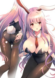 Rule 34 | 1girl, :o, animal ears, bare shoulders, between breasts, black leotard, breasts, brown pantyhose, cleavage, commentary, detached collar, flying sweatdrops, highres, large breasts, leotard, liya, necktie, necktie between breasts, pantyhose, pink hair, playboy bunny, rabbit ears, rabbit girl, rabbit tail, red eyes, red necktie, reisen udongein inaba, simple background, solo, tail, thigh gap, touhou, translated, white background, wrist cuffs