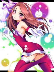 Rule 34 | 1girl, bad id, bad pixiv id, boots, brown eyes, brown hair, christmas, dress, elbow gloves, female focus, gloves, highres, idolmaster, idolmaster (classic), long hair, minase iori, natsu (anta tte hitoha), panties, pantyshot, solo, standing, thigh boots, thighhighs, underwear