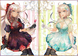 Rule 34 | 2girls, :d, :o, adapted costume, ahoge, alternate costume, black choker, black dress, blonde hair, blue dress, blue ribbon, breasts, champagne flute, choker, commentary request, cup, dress, drinking glass, dual persona, fate/grand order, fate (series), glint, gloves, grey eyes, hair ornament, hair ribbon, holding, holding cup, holding drinking glass, jewelry, large breasts, long hair, looking at viewer, multiple girls, necklace, okita souji (fate), okita souji (koha-ace), okita souji alter (fate), open mouth, over-kneehighs, parted lips, puffy short sleeves, puffy sleeves, purple choker, red ribbon, ribbon, round teeth, short hair, short sleeves, shutsuri, sitting, smile, tassel, teeth, thighhighs, white gloves