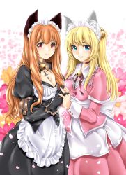 Rule 34 | 2girls, :d, alternate costume, animal ear fluff, animal ears, apron, bell, black corset, black dress, blonde hair, blue eyes, blurry, blurry background, blush, bow, breasts, brown hair, buttons, cat ears, cat girl, cleavage, collar, corset, cross, dress, enmaided, fingernails, flower, frilled apron, frilled shirt, frilled shirt collar, frills, gloves, hair between eyes, highres, holding hands, long hair, looking at viewer, maid, maid apron, maid headdress, multiple girls, open mouth, original, pink dress, puffy sleeves, red collar, red eyes, shirt, sidelocks, sleeve cuffs, smile, teeth, tomoya kankurou, waist apron