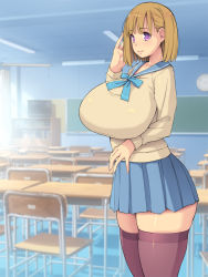 Rule 34 | 1girl, :&gt;, blonde hair, blush, bow, bowtie, breasts, chair, chalkboard, classroom, closed mouth, desk, eyebrows hidden by hair, feet out of frame, female focus, hand up, highres, huge breasts, indoors, legs, light rays, looking at viewer, medium hair, original, purple eyes, school uniform, skirt, smile, solo, standing, thick thighs, thighhighs, thighs, yoko juusuke, zettai ryouiki