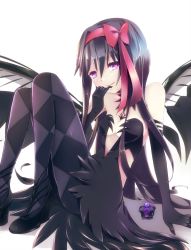 Rule 34 | 10s, 1girl, akemi homura, akuma homura, argyle, argyle clothes, argyle legwear, bare shoulders, black gloves, black hair, black wings, bow, choker, dark orb (madoka magica), dress, elbow gloves, feathered wings, finger to mouth, gloves, hair bow, high heels, highres, long hair, looking at viewer, mahou shoujo madoka magica, mahou shoujo madoka magica: hangyaku no monogatari, pantyhose, purple eyes, shadow, simple background, smile, solo, spoilers, teitowawa, white background, wings