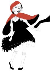 Rule 34 | 1girl, big bad wolf, cape, dress, full body, grimm&#039;s fairy tales, highres, hood, kneehighs, little red riding hood, little red riding hood (grimm), red cape, short hair, socks, solo, sousou (sousouworks), spot color, wolf