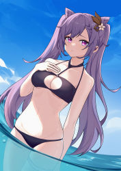 Rule 34 | 1girl, absurdres, arm at side, bikini, black bikini, blue sky, braid, breasts, cleavage, cleavage cutout, clothing cutout, cloud, collarbone, commentary, day, flower, gengetsu aya, genshin impact, hair flower, hair ornament, hand on own chest, highres, keqing (genshin impact), long hair, navel, outdoors, parted lips, partially submerged, purple eyes, purple hair, single thighhigh, sky, small breasts, solo, standing, swimsuit, symbol-only commentary, thighhighs, twintails, underboob, very long hair, wading