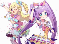 Rule 34 | 2girls, ;d, ahoge, arm up, blonde hair, blue bow, bow, commentary request, dress, frilled dress, frills, gloves, green eyes, haepali, hair bow, highres, holding, holding microphone, idol, idol clothes, idol time pripara, long hair, looking at viewer, manaka laala, microphone, multiple girls, one eye closed, open mouth, outstretched arm, pink bow, pink thighhighs, pretty series, pripara, purple eyes, purple hair, ringlets, simple background, sleeveless, sleeveless dress, smile, standing, thighhighs, twintails, two side up, very long hair, white background, white gloves, yumekawa yui