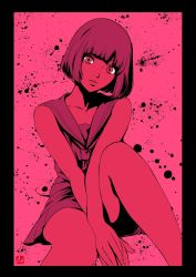 Rule 34 | 1boy, black border, blood, blood splatter, blue eyes, border, catherine (game), dress, feet out of frame, highres, knee up, looking at viewer, monochrome, pink hair, pink theme, rin (catherine), short hair, sitting, straight-on