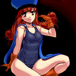 Rule 34 | 1girl, alena (dq4), boots, cape, chunsoft, dragon quest, dragon quest iv, enix, gloves, gradient background, hat, kouno (masao), one-piece swimsuit, red eyes, red hair, school swimsuit, solo, swimsuit
