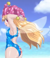 Rule 34 | 1girl, adapted costume, american flag swimsuit, armpits, ass, bare arms, blonde hair, breasts, clownpiece, comic, commentary request, competition swimsuit, day, fairy wings, from side, hat, jester cap, long hair, one-piece swimsuit, outdoors, pink eyes, polka dot, profile, small breasts, solo, swimsuit, touhou, very long hair, water, wings, winn