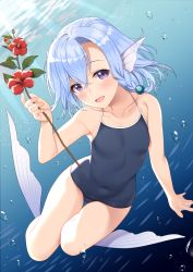 Rule 34 | 1girl, :d, air bubble, backlighting, bare arms, bare legs, bare shoulders, blue hair, blue one-piece swimsuit, blush, braid, breasts, bubble, collarbone, commentary request, competition school swimsuit, covered navel, elliot leucosia, enjo kouhai, fins, fish girl, flower, full body, hair between eyes, halterneck, head fins, head tilt, highres, holding, holding flower, looking at viewer, medium hair, narrow waist, one-piece swimsuit, open mouth, purple eyes, school swimsuit, side braid, single braid, small breasts, smile, solo, swimsuit, takunomi, thigh gap, underwater, webbed hands