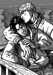 Rule 34 | 2boys, arm around shoulder, bara, black hair, blonde hair, blush, closed eyes, couple, cris art, ear piercing, fence, from side, greyscale, grin, hand on another&#039;s hand, head kiss, hulkling, jacket, long sideburns, male focus, marvel, monochrome, multiple boys, one eye closed, piercing, short hair, sideburns, smile, sparse stubble, thick eyebrows, wiccan, yaoi