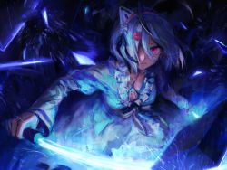 Rule 34 | .live, 1girl, antenna hair, beat saber, black bow, blue dress, bow, breasts, cleavage, closed mouth, dress, energy sword, flower, grey hair, hair flower, hair ornament, hair over one eye, headgear, highres, holding, holding sword, holding weapon, layered sleeves, long sleeves, looking at viewer, medium breasts, puffy short sleeves, puffy sleeves, purple eyes, shirt, short over long sleeves, short sleeves, dennou shoujo siro, solo, striped, striped bow, sword, tentsuu (tentwo), v-shaped eyebrows, virtual youtuber, weapon, white flower, white shirt