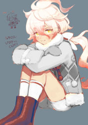 Rule 34 | blush, boots, brown footwear, chibi, chibi inset, closed mouth, copyright request, crossed arms, fur-trimmed jacket, fur collar, fur trim, grey background, grey jacket, grey mittens, hair between eyes, jacket, knees up, looking at viewer, mittens, pink hair, red hair, short eyebrows, short shorts, shorts, simple background, sitting, smile, socks, thick eyebrows, translation request, uzura (bonnet225), white hair, white shorts, white socks, yellow eyes
