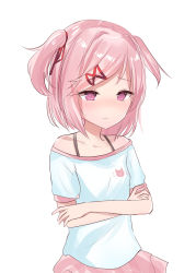 Rule 34 | 1girl, absurdres, closed mouth, collarbone, commentary, crossed arms, doki doki literature club, fang, fang out, hair ribbon, highres, natsu (sinker8c), natsuki (doki doki literature club), off-shoulder shirt, off shoulder, pink hair, pink skirt, purple eyes, red ribbon, ribbon, shirt, shirt straps, short sleeves, simple background, skirt, solo, symbol-only commentary, two side up, white background, white shirt