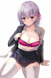 Rule 34 | 1girl, blush, bra, breasts, collarbone, collared shirt, contemporary, dress shirt, fate/grand order, fate (series), hair ribbon, harimoji, highres, jacket, kama (fate), long sleeves, looking at viewer, medium breasts, open clothes, open shirt, red eyes, ribbon, shirt, short hair, silver hair, simple background, skirt, solo, thighhighs, thighs, underwear, white background, white shirt