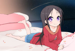 Rule 34 | 10s, 1girl, barefoot, black hair, casual, charlotte (anime), cherry print, food print, full body, futon, hair ornament, hairclip, highres, leg up, long hair, looking at viewer, lying, md5 mismatch, morino donguri, on stomach, otosaka ayumi, purple eyes, resolution mismatch, smile, solo, source smaller, the pose