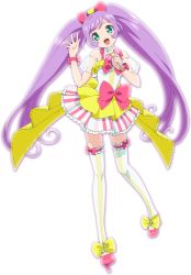 Rule 34 | 1girl, aqua eyes, artist request, bow, detached sleeves, full body, hair bow, high heels, idol, long hair, manaka laala, microphone, official art, pretty series, pripara, puffy short sleeves, puffy sleeves, purple hair, footwear bow, shoes, short sleeves, solo, thighhighs, transparent background, twintails, very long hair
