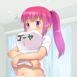 Rule 34 | 1girl, annoyed, blush, breasts, clothes lift, curtains, female focus, gradient hair, inconvenient breasts, large breasts, long hair, meow (nekodenki), midriff, multicolored hair, navel, original, perky breasts, pink hair, ponytail, purple eyes, purple hair, shirt lift, sidelocks, solo, squiggle, translated, undressing