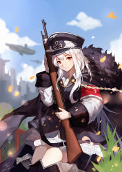Rule 34 | 0qianben0, 1girl, armband, black dress, blue sky, blurry, blurry background, bolt action, chinese commentary, commentary request, cowboy shot, day, dress, fur trim, girls&#039; frontline, gun, hat, highres, holding, holding gun, holding weapon, kar98k (girls&#039; frontline), long hair, looking at viewer, mauser 98, outdoors, peaked cap, red eyes, rifle, short dress, signature, sky, smile, solo, weapon, white hair
