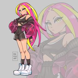 Rule 34 | 1girl, absurdres, alternate costume, artist name, black shorts, black socks, blonde hair, cardigan, commentary, creatures (company), english commentary, game freak, gym shorts, high-waist shorts, highres, long hair, looking at viewer, multicolored hair, nintendo, open cardigan, open clothes, pink hair, plumeria (pokemon), pokemon, pokemon sm, rinkuu art, shorts, socks, sports bra, sportswear, twitter username, two-tone hair, white eyeshadow, white footwear, wide sleeves, yellow eyes, zoom layer
