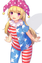 Rule 34 | 1girl, american flag dress, american flag legwear, blonde hair, clownpiece, fairy wings, fang, hat, highres, jester cap, long hair, open mouth, pantyhose, pink eyes, red eyes, shone, smile, solo, striped clothes, striped pantyhose, touhou, very long hair, wings