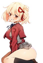 Rule 34 | 1girl, black socks, blonde hair, blush, breasts, clothes lift, commentary request, from side, grin, hair ribbon, kneehighs, large breasts, long sleeves, looking at viewer, lycoris recoil, lycoris uniform, mm (mm chair), nishikigi chisato, panties, pink panties, red eyes, red ribbon, ribbon, short hair, simple background, sitting, skirt, skirt lift, smile, socks, solo, underwear, wariza, white background