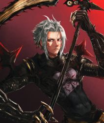 Rule 34 | .hack//, 1boy, azure meraki, black bodysuit, bodysuit, claws, closed mouth, covered abs, gradient background, haseo (.hack//), highres, holding, holding weapon, looking at viewer, male focus, red background, red eyes, short hair, solo, upper body, weapon, white hair